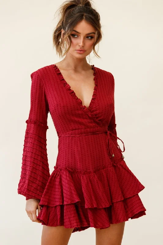 Long sleeve maxi dress-Neve Balloon Sleeve Layered Ruffle Hem Dress Wine