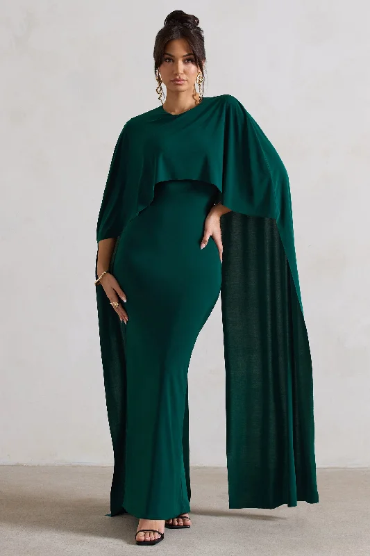 Pink bridesmaid dress-Padma | Bottle Green Draped Maxi Dress With Cape Sleeves