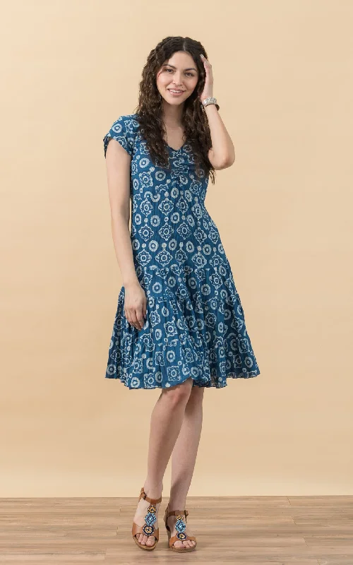 Asymmetrical hem dress-Paloma Dress, Short, Cap Sleeve, Indigo Medallion