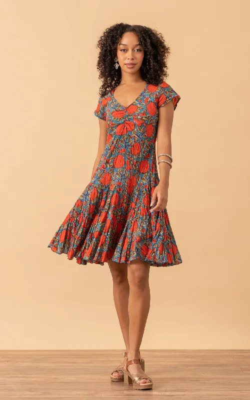 Printed wrap dress-Paloma Dress, Short, Cap Sleeve, Turquoise & Orange Rose