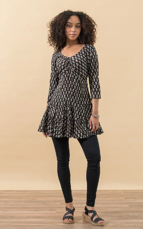 Smocked maxi dress-Paloma Tunic, 3/4 Sleeve, Amina Black