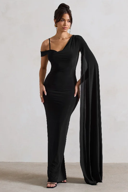 Belted shirt dress-Pedra | Black One Shoulder Cape Sleeve Draped Maxi Dress