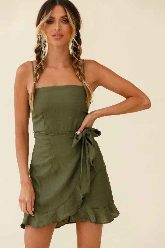 Pleated sundress-Pepita Cami Strap Wrap Dress Olive