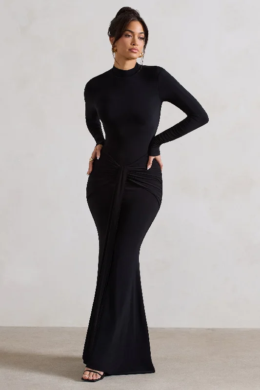 Long velvet dress-Pietra | Black High-Neck Long Sleeve Knot Maxi Dress