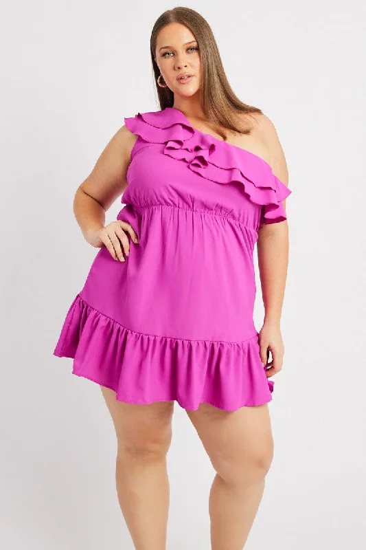 Ruched cocktail dress-Pink Frill One Shoulder Minidress