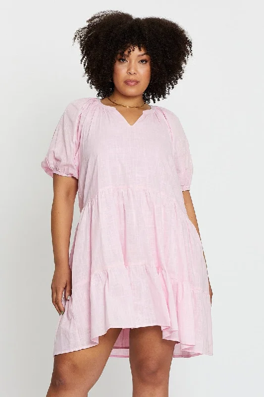 Tiered cocktail dress-Pink Puff 3/4 Sleeve Textured Cotton Pink Layer Dress