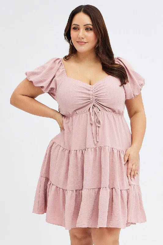 Long sleeve maxi dress-Pink Skater Dress Textured Peephole Drawstring Bust