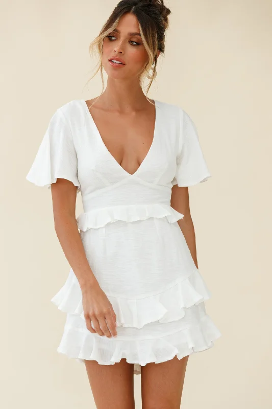 One-shoulder gown dress-Queenie Angel Sleeve Ruffle Trim Dress White