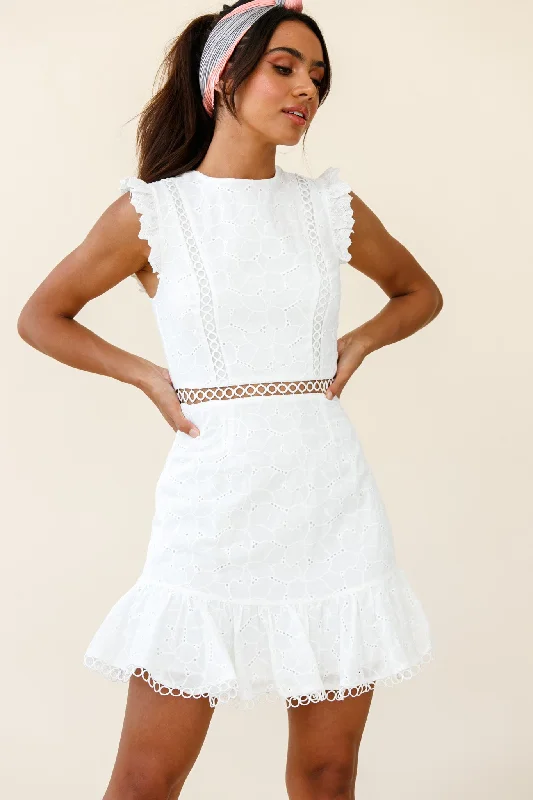 Short sleeve evening dress-Reaching For Stars Corset Back Broderie Anglaise Dress White