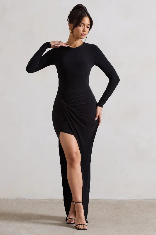 Ruched maxi dress-Rebekah | Black Long-Sleeve Wrap Maxi Dress