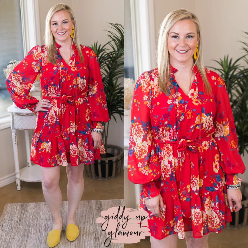 Striped evening dress-Last Chance Size Small | Blooming With Love Floral Long Sleeve Mini Dress with High Neck in Red