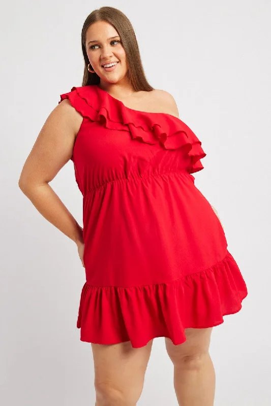 Polka dot evening dress-Red Frill One Shoulder Minidress