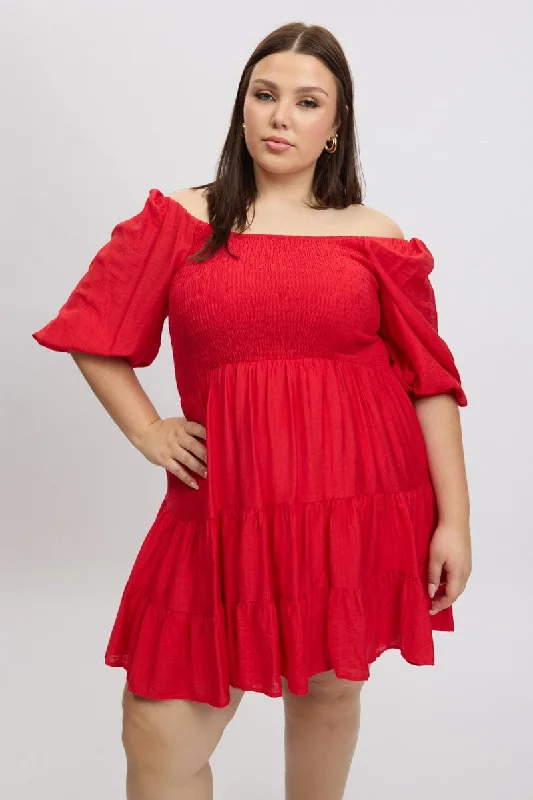 Pleated sundress-Red Shirred Bodice Puff Sleeve Tiered Mini Dress