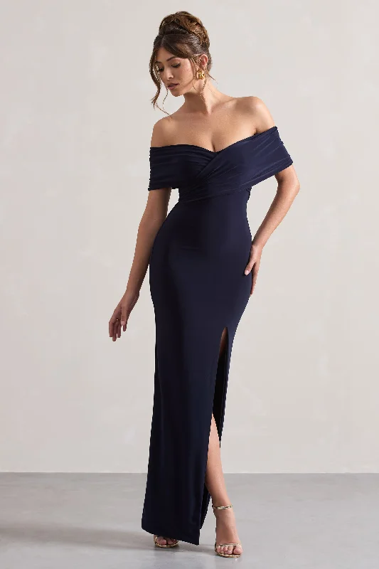 Off-shoulder sundress-Refined | Navy Twist Front Bardot Maxi Dress