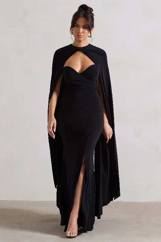 Lace sundress-Reign | Black Corset Wrap Maxi Dress With Cape