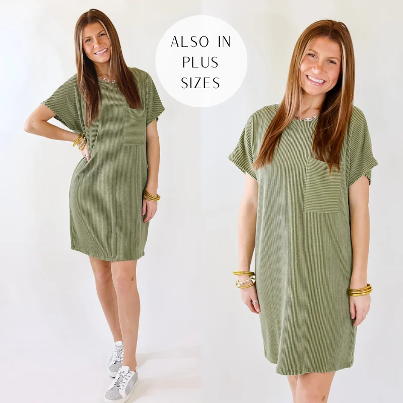 Ruffled sundress-Coffee and Carefree Ribbed Short Sleeve Dress with Front Pocket in Olive Green