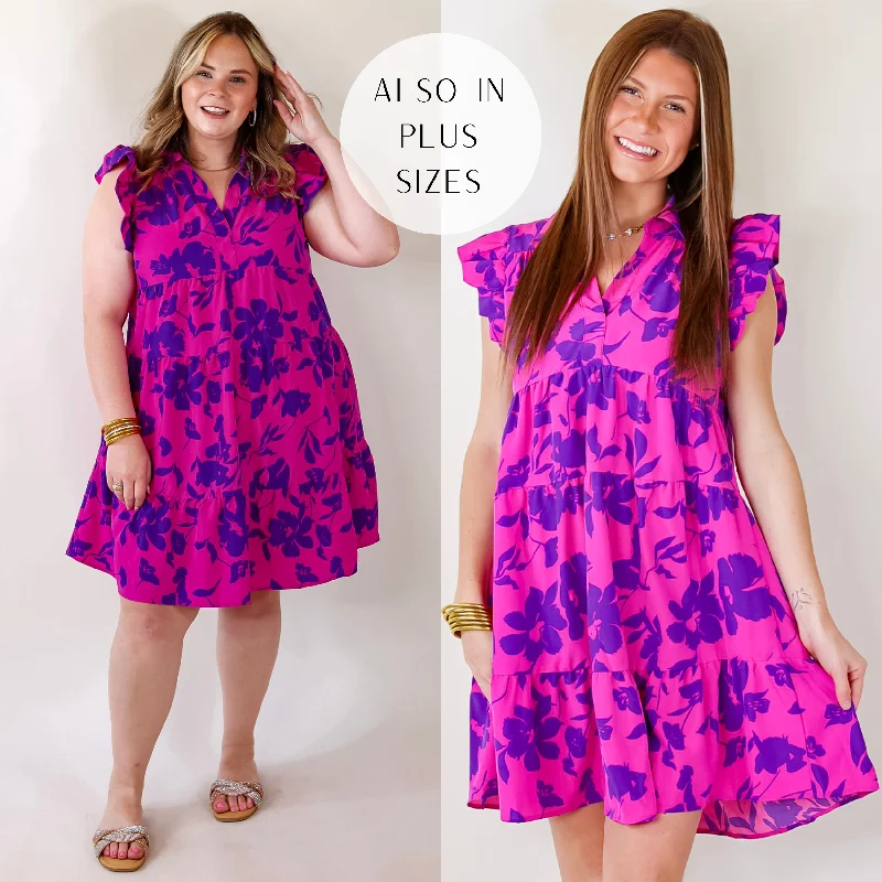 Short sleeve cocktail dress-Last Chance Size Small & Large | All Of A Sudden Ruffle Cap Sleeve Floral Short Dress in Magenta Mix