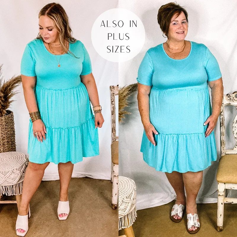 Belted shirt dress-Last Chance Size Small, 2XL & 3XL | A Night to Remember Ruffle Tiered Short Sleeve Dress in Aqua Blue