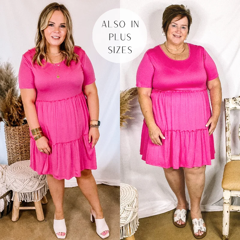 Ruched bodycon dress-A Night to Remember Ruffle Tiered Short Sleeve Dress in Fuchsia Pink