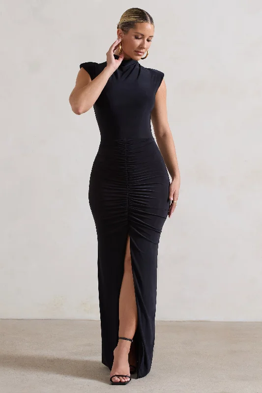 Grey sweater dress-Samira | Black Ruched High-Neck Split Maxi Dress