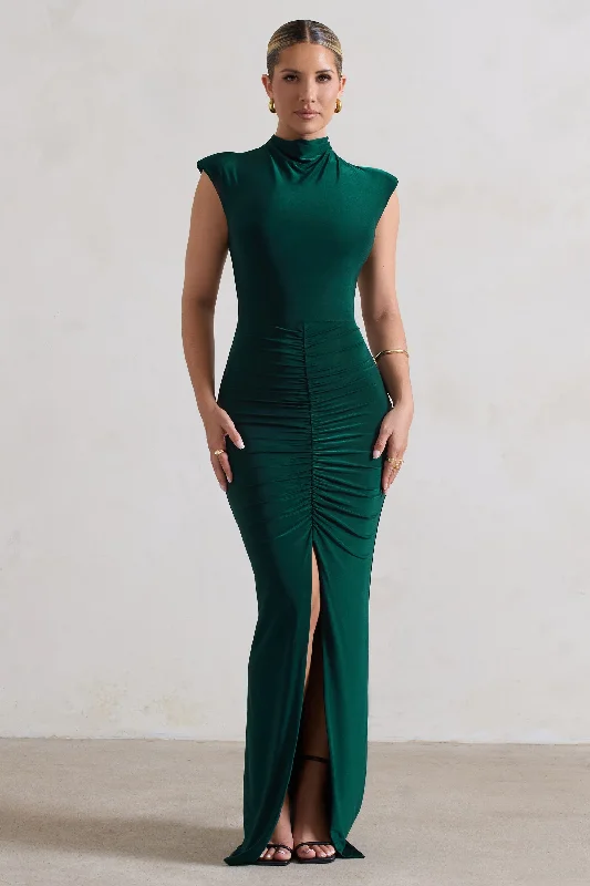 Long sleeve evening dress-Samira | Bottle Green Ruched High-Neck Split Maxi Dress