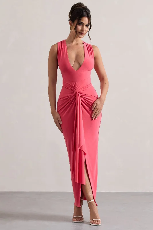 Corset cocktail dress-Santana | Coral Plunge-Neck Split Maxi Dress With Knot Detail