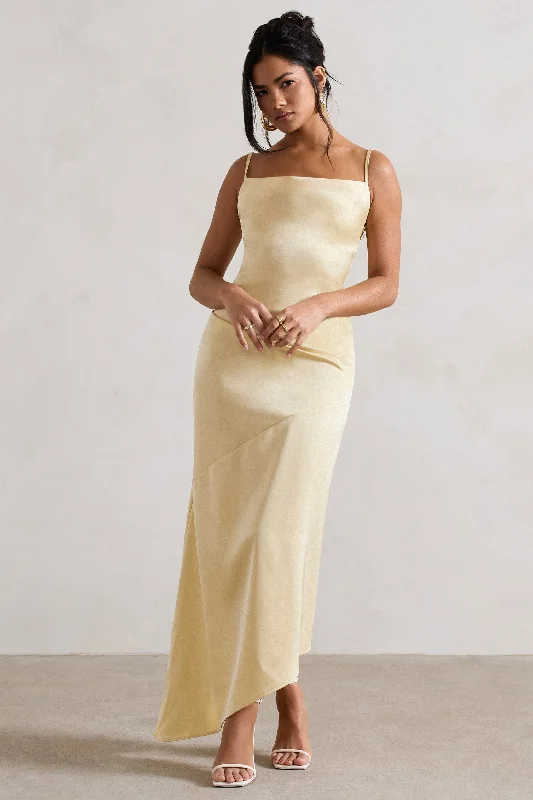 Short sleeve maxi dress-Santi | Lemon Satin Cowl-Neck Asymmetric Maxi Dress