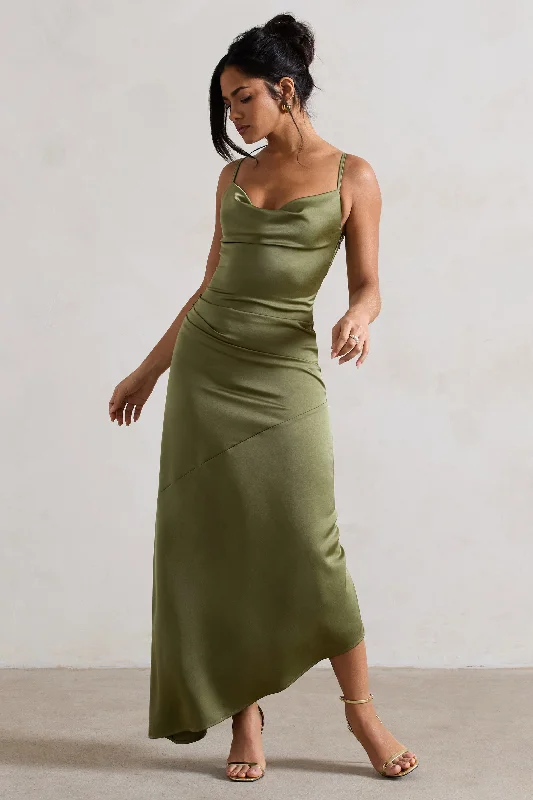 One-shoulder prom dress-Santi | Olive Green Satin Cowl-Neck Asymmetric Maxi Dress