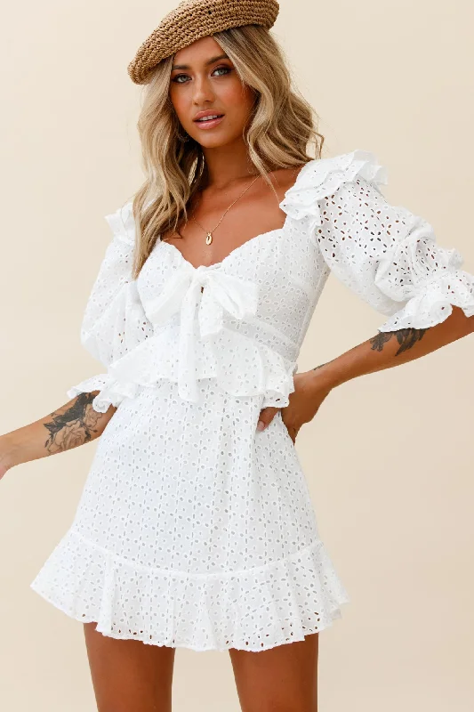 Short sleeve sundress-Say That Again Bust Tie Ruffle Trim Dress White