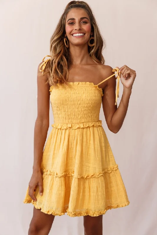 Glitter party dress-Sherry Tied Shoulder Shirred Bust Dress Yellow