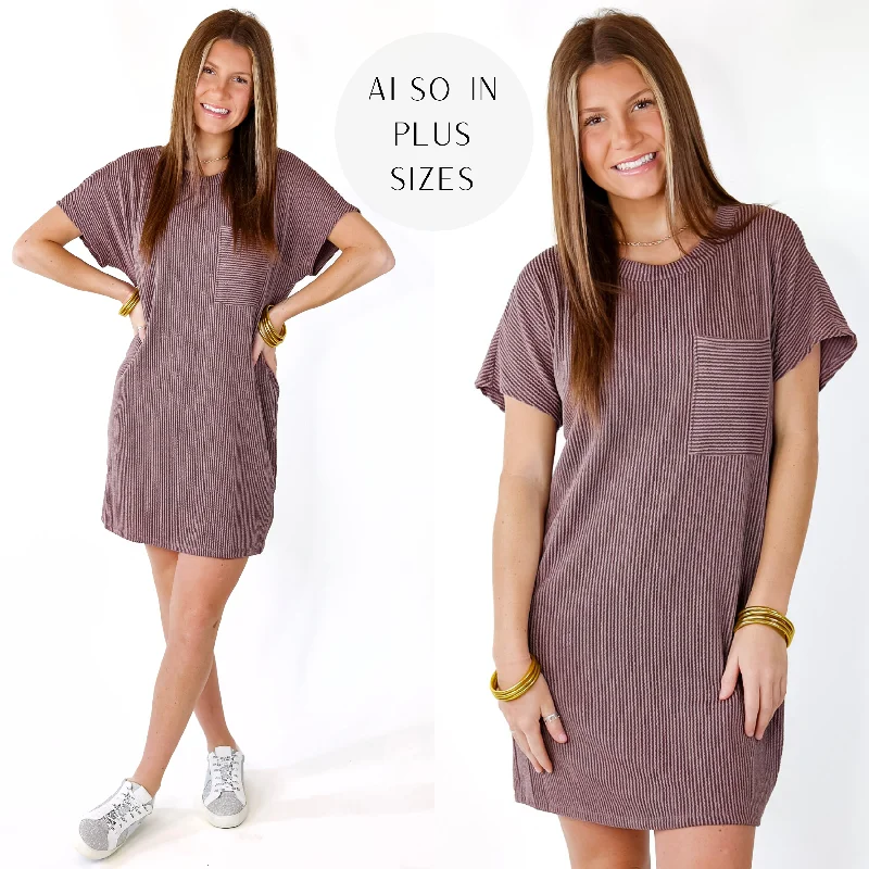 Glitter maxi dress-Coffee and Carefree Ribbed Short Sleeve Dress with Front Pocket in Brown