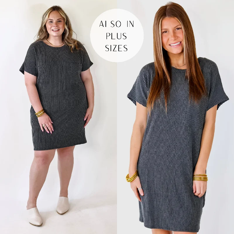 One-shoulder midi dress-Coffee and Carefree Ribbed Short Sleeve Dress with Front Pocket in Charcoal