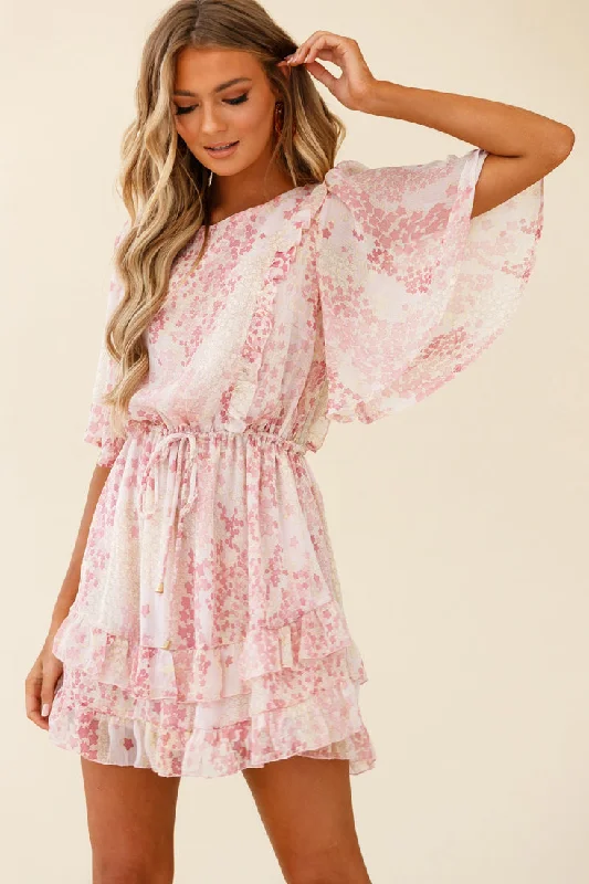 Tiered boho dress-Stars Aligned Angel Sleeve Drawstring Waist Dress Star Print Pink