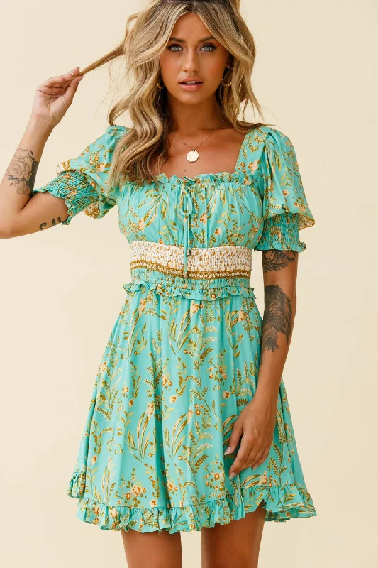 Tiered cocktail dress-Summer In Paris Puff Sleeve Open Back Dress Botanical Print Mint