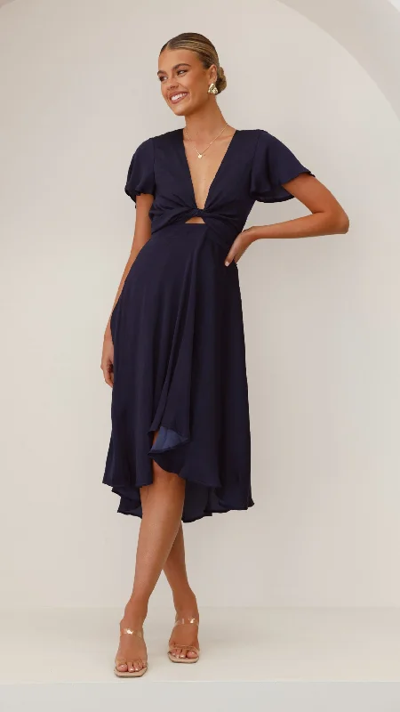 Off-shoulder midi dress-Sunny Daze Dress - Navy