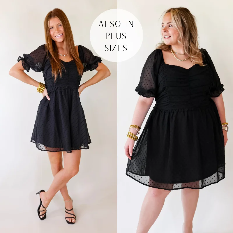 Pleated cocktail dress-Favorite Adventure Swiss Dot Dress with Short Balloon Sleeves in Black