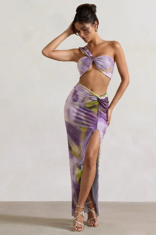 V-neck evening dress-Tender Kiss | Lilac Print Knot Split Maxi Skirt