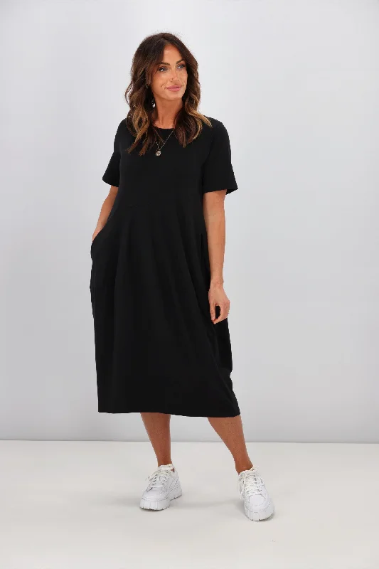 Fringe midi dress-Tirelli Short Sleeve Diagonal Dress Black