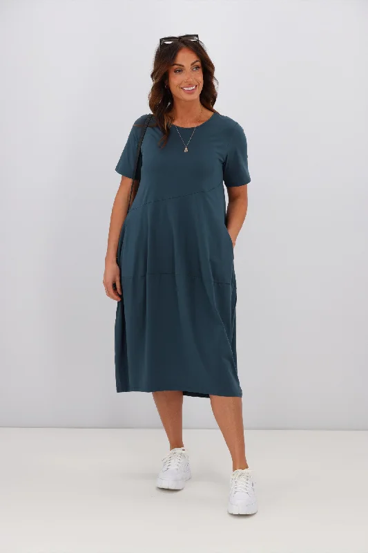 Ruched party dress-Tirelli Short Sleeve Diagonal Dress Deep Teal