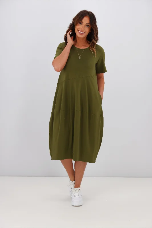 One-shoulder evening dress-Tirelli Short Sleeve Diagonal Dress Moss