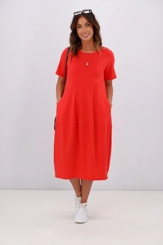 Tiered party dress-Tirelli Short Sleeve Diagonal Dress Strawberry