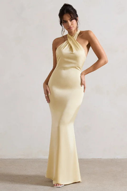 Corset sundress-Unbeatable | Lemon Satin Cross Over Halter-Neck Maxi Dress