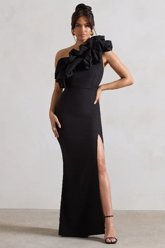 Casual cotton dress-Vienne | Black One Shoulder Ruffle Split Maxi Dress