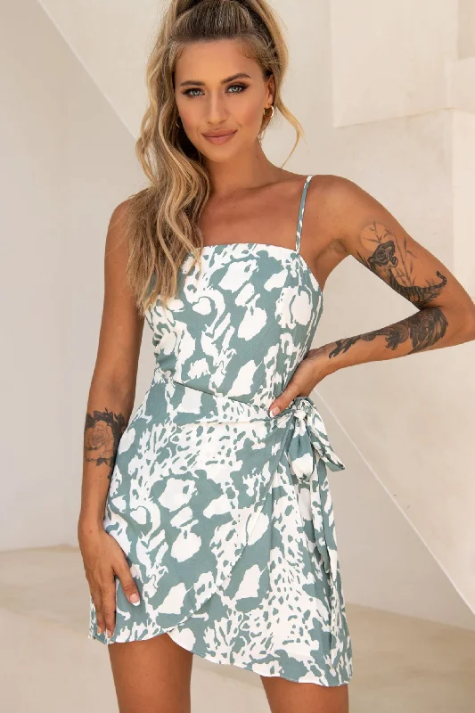 Off-shoulder midi dress-Wattle Cami Strap Wrap Dress Printed Sage