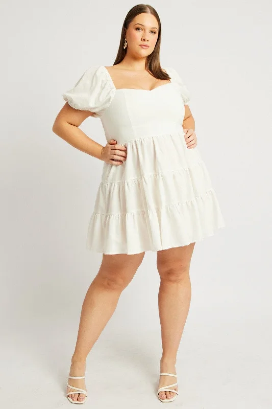 One-shoulder party dress-White Puff Sleeve Mini Dress Sweetheart Neck