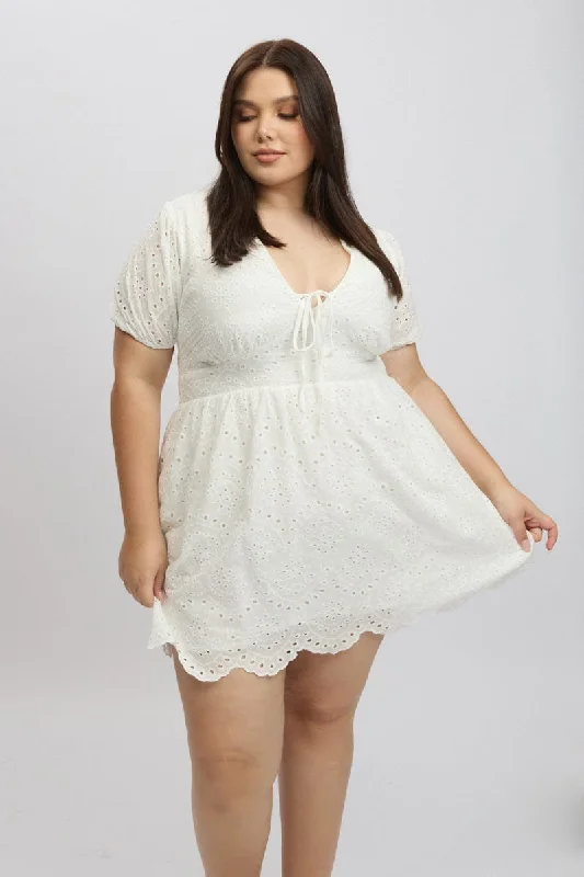 Striped cocktail dress-White Tie Front Eyelet Lace Minidress