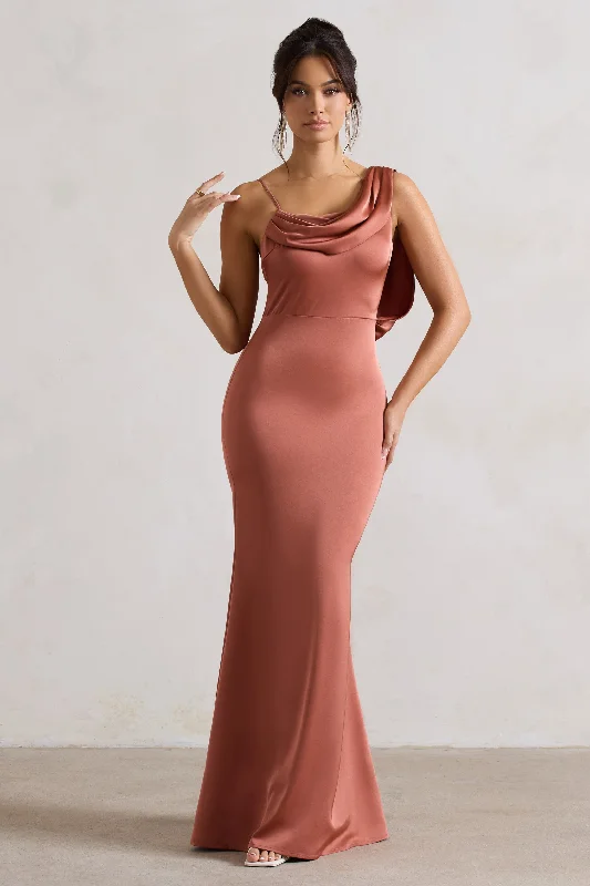 Halter neck dress-Wistful | Rust Satin Asymmetric Cowl-Neck Maxi Dress