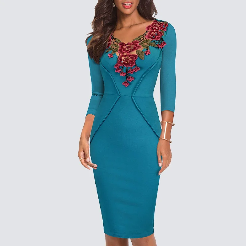 Glitter midi dress-BerriesJam - 3/4 Sleeve Applique Slim Fitted Knee Length Pencil Dress