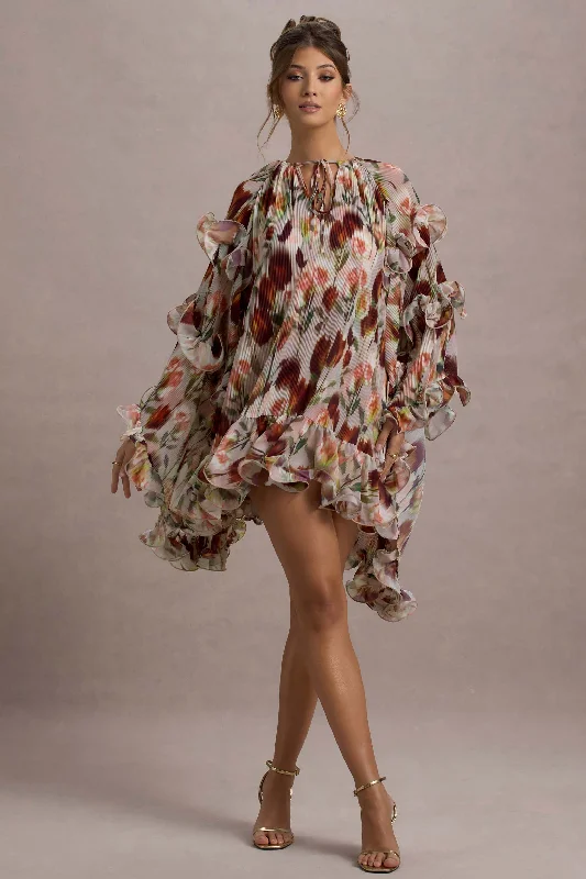 Striped evening dress-Abelia | Cream Floral Print High-Neck Cape-Sleeve Chiffon Mini Dress