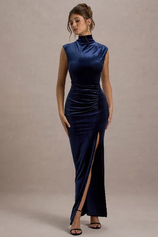 Corset evening dress-Abilene | Navy Velvet High-Neck Split Maxi Dress